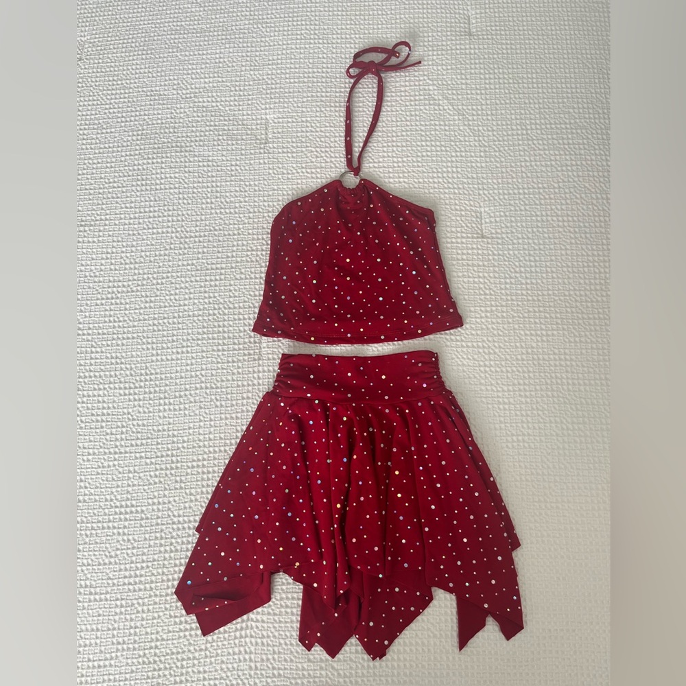 Red Sparkly Dot Halter Top and Skirt Set